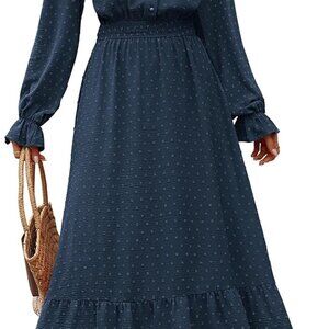 Women's Maxi Dress Long Sleeve V Neck Swiss Dot High Waist Casual Formal